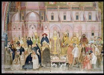 De Kerk Strijdend en Triomferend, detail van de seculiere autoriteiten met Santa Maria del Fiore op de achtergrond, uit de Spaanse Kapel, ca. 1369 (detail)